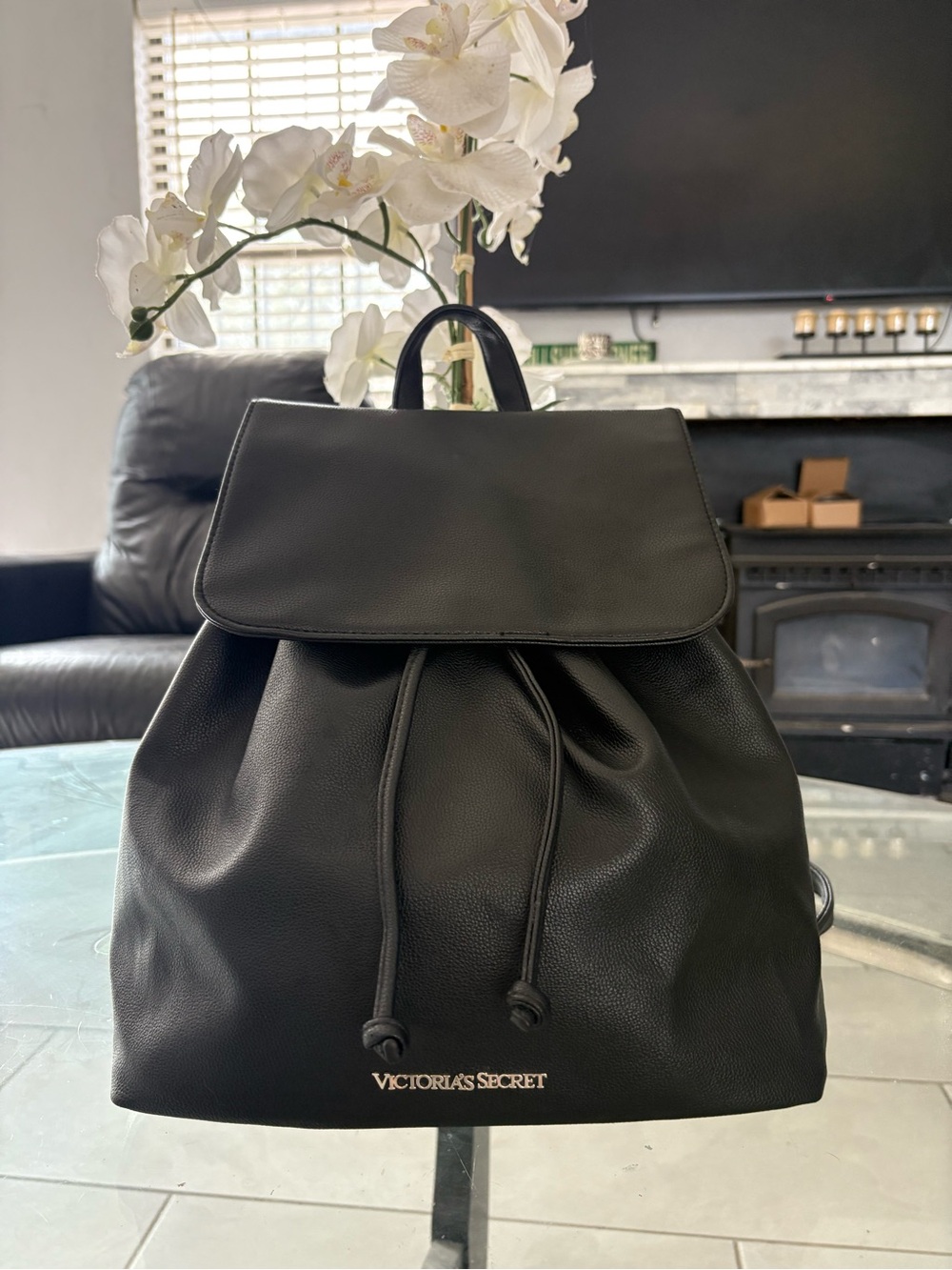 Victoria's Secret Black Drawstring Flap Backpack
